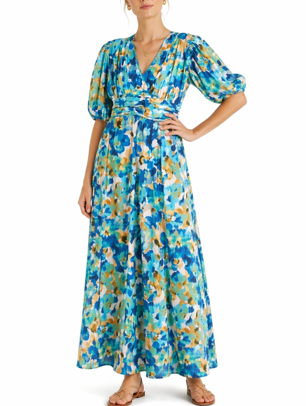 LaRoque NWT Josie Maxi Dress Abstract Floral Cotton V-Neck Blue Orange Sz Large